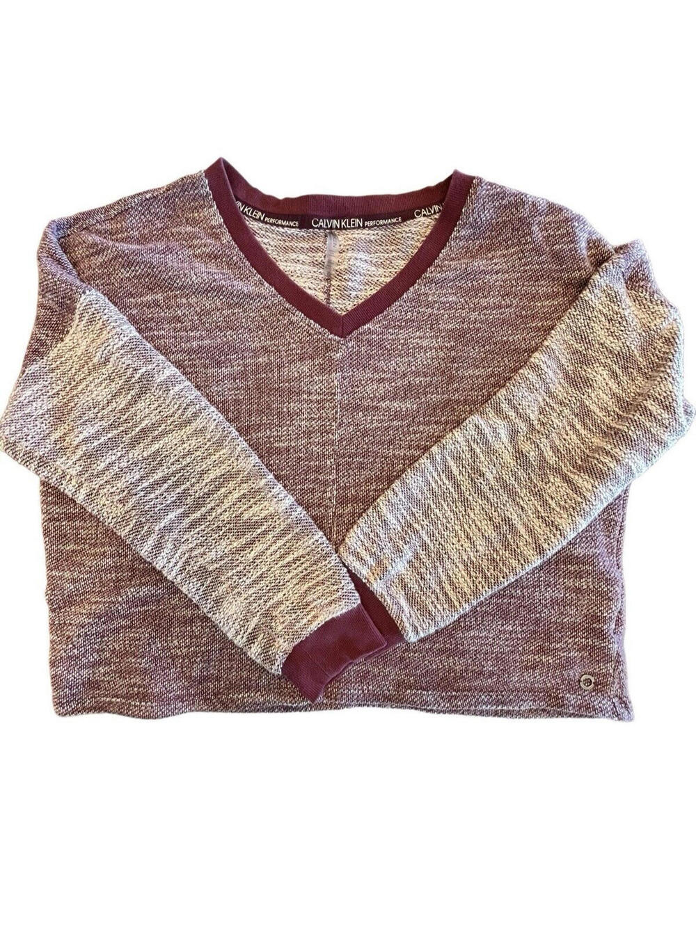 Calvin Klein Sweater  Purple White Pullover Long Sleeve V-Neck Knit Womens Sz L